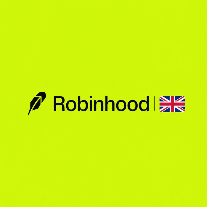 The image displays the "Robinhood UK" logo in black text alongside a British flag icon, set against a bright green background. This visual announcement corresponds to the news of Robinhood launching fee-free cryptocurrency trading in the United Kingdom, featuring assets like BTC, ETH, and XRP.