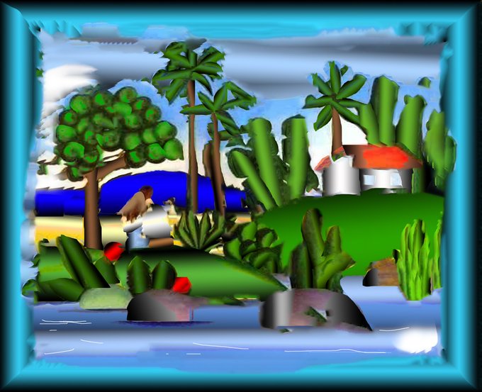 A pixelated, low-resolution tropical scene with palm trees, a red-roofed building, and rocks surrounded by water, framed by a blue border.