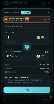 A screenshot of the Rune.Watch swap interface showing a Native XMM swap of 1 BTC to approximately 31.1209 ETH.