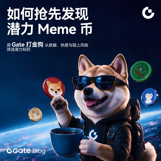 A promotional graphic featuring a dog in sunglasses holding a Shiba Inu coin and a cup, with Chinese text '如何抢先发现潜力 Meme 币' and '用 Gate 打金狗 从数据、热度与链上风险筛选潜力标的', branded with Gate.io logos.