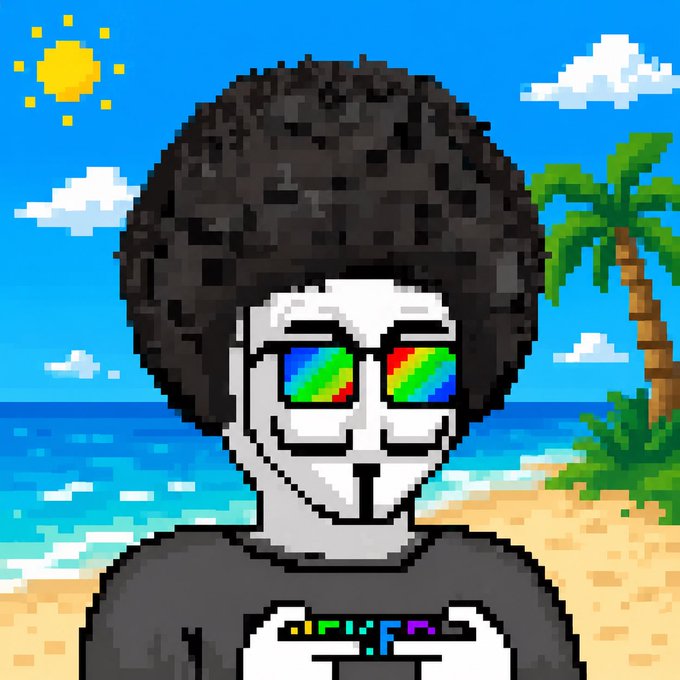 A pixel art illustration depicts a character with a large afro, rainbow sunglasses, and a shirt reading 'TSUNAMI,' set against a beach background with a palm tree and sun.