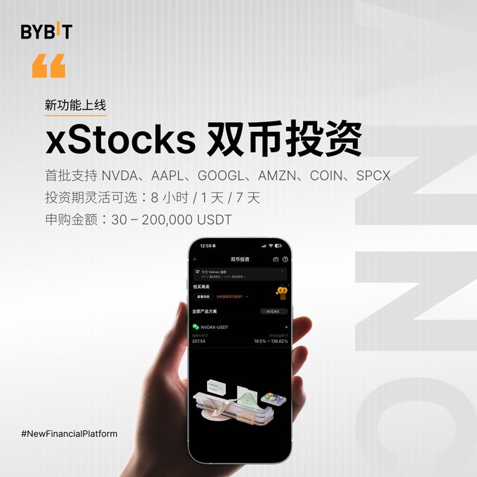 A BYBIT promotional graphic announcing 'xStocks 双币投资' (xStocks Dual Currency Investment) supporting NVDA, AAPL, GOOGL, AMZN, COIN, SPCX with investment periods of 8 hours / 1 day / 7 days and subscription amounts of 30-200,000 USDT.