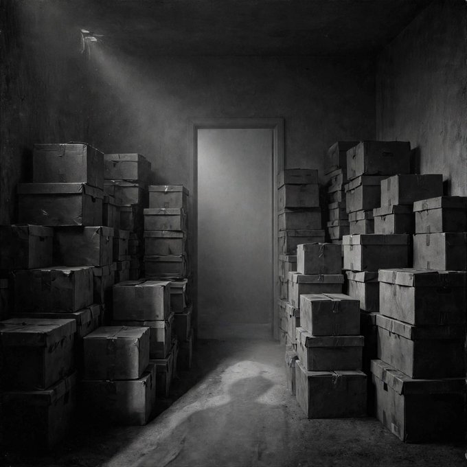 A black-and-white atmospheric photograph of a dim storage room filled with stacked cardboard boxes, with a shaft of light entering through a doorway.