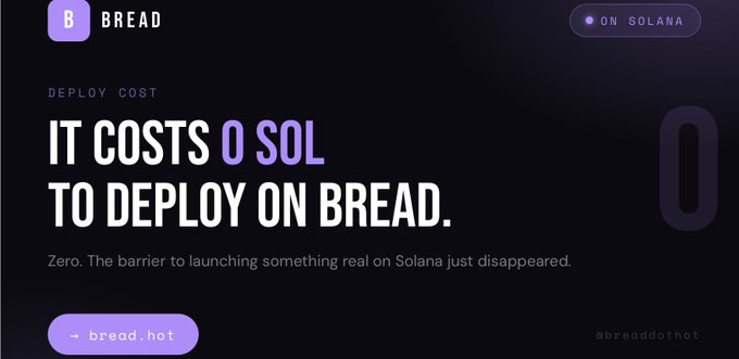 The image is a promotional graphic for "BREAD ON SOLANA" highlighting a "DEPLOY COST" of "IT COSTS 0 SOL TO DEPLOY ON BREAD," reinforcing the post's message about eliminating deployment, listing, and setup fees for launching tokens on the platform. The design features the Bread logo, a call-to-action link to bread.hot, and a faint "0" watermark in the background to emphasize the zero-cost theme.