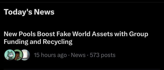 A news headline reading 'New Pools Boost Fake World Assets with Group Funding and Recycling,' posted 15 hours ago in the News category with 573 posts.
