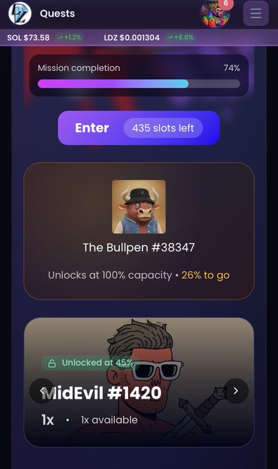 A mobile screenshot of a 'Quests' interface showing 'Mission completion' at 74%, an 'Enter' button with '435 slots left', and NFT collections including 'The Bullpen #38347' and 'MidEvil #1420'.