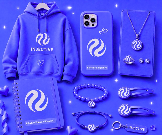 A vibrant blue-themed merchandise collection for Injective, featuring branded items including a hoodie, phone case, jewelry (necklace, ring, bracelets), hair clips, and a notebook—all displaying the Injective logo with messages like "I love you, Injective" and "Injective Future of Finance.." The image showcases the author's creative fan-made merch designs for the Injective contest, capturing the cute and girly aesthetic mentioned in the post.
