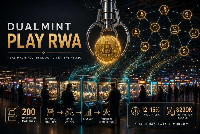 A promotional graphic for "DUALMINT PLAY RWA" featuring arcade machines, a robotic claw holding a Bitcoin, and details about 200 operating machines, 12-15% target yield, and $230K distributed revenue.