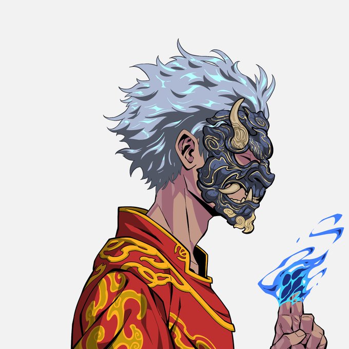 A digital illustration of a man with wild silver-blue hair wearing an ornate dark mask with horns and a red and gold traditional robe, holding blue spiritual flames.