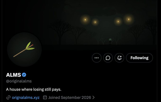 A Twitter/X profile page for the verified account "ALMS" (@originalalms) with the bio "A house where losing still pays," showing a dark banner image with glowing lights and trees.