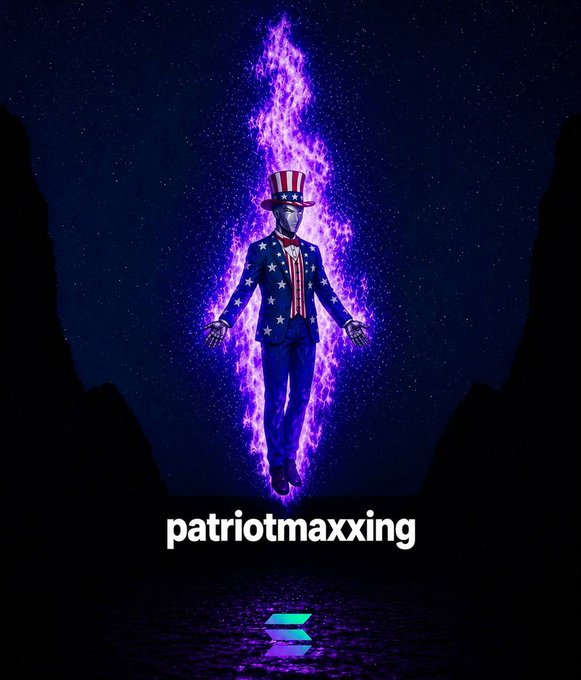 The image depicts a figure resembling Uncle Sam floating upward in a pillar of purple flames against a starry night sky, with the text "patriotmaxxing" displayed prominently below. It visually represents the post's promotion of the $PATRIOTS ecosystem, symbolizing patriotic empowerment through their NFT staking and DAO governance features, while the soaring, glowing figure suggests the project is "rising" ahead of their upcoming MMORPG beta launch.