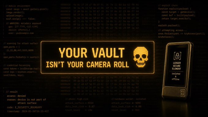 A dark security-themed graphic with code in the background displaying a yellow warning 'YOUR VAULT ISN'T YOUR CAMERA ROLL' with a skull icon, alongside a device showing 'LOCKER SECURE ELEMENT isolated & offline'.
