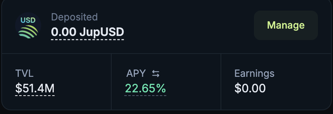 A dashboard widget showing 0.00 JupUSD deposited with a TVL of $51.4M, an APY of 22.65%, and $0.00 earnings, illustrating the high-yield stablecoin earning opportunity for JupUSD through Jupiter Exchange and Fluid tech highlighted in the post.