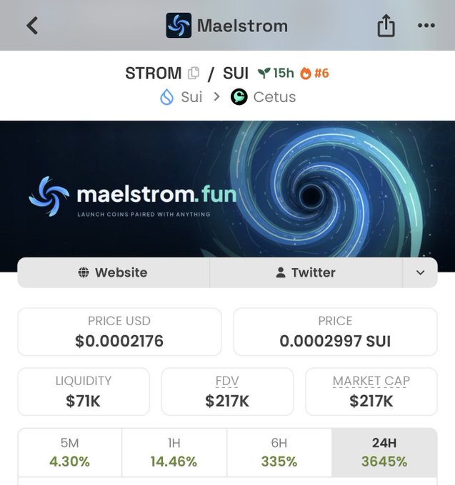 The image shows a cryptocurrency tracking page for "Maelstrom" (STROM) trading on the Sui network via Cetus, displaying key metrics including a price of $0.0002176 (0.0002997 SUI), $71K liquidity, $217K FDV/market cap, and staggering gains of 4.30% (5M), 14.46% (1H), 335% (6H), and 3645% (24H). The accompanying post compares buying $STROM at its current $200K market cap to buying $PONS at $200K MC, with the image illustrating STROM's extremely low market cap and explosive 24-hour price surge—visually supporting the post's argument that this represents an early, potentially lucrative investment opportunity similar to a previous successful entry point.