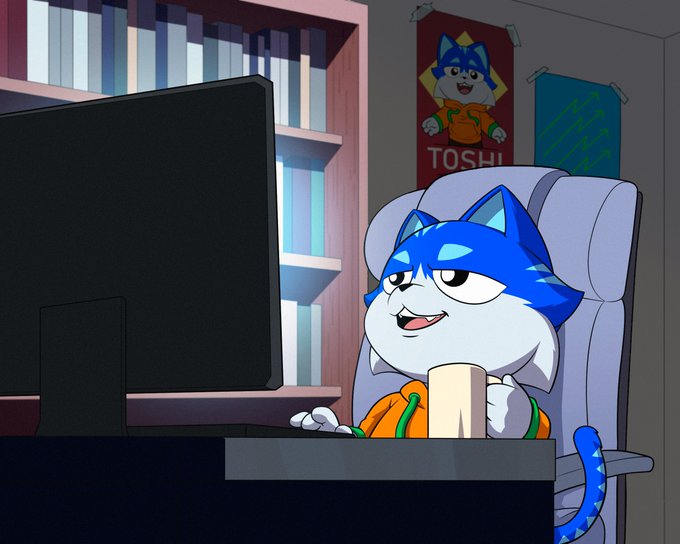 An animated anthropomorphic blue and white cat character wearing an orange hoodie, sitting at a desk using a computer, with a "TOSHU" poster on the wall behind.