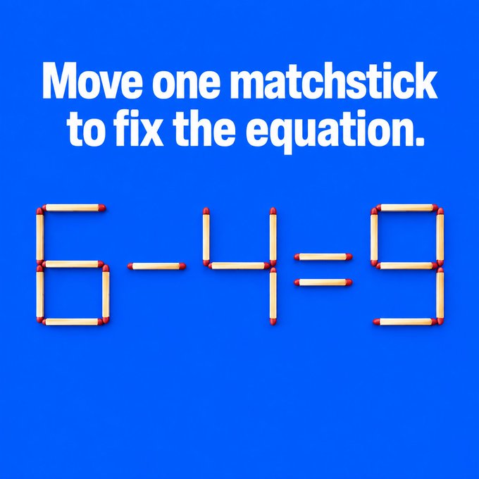 The image displays a matchstick puzzle on a blue background with the text "Move one matchstick to fix the equation." The equation shown, "6 - 4 = 9," is incorrect and requires moving a single matchstick to become a correct mathematical statement.