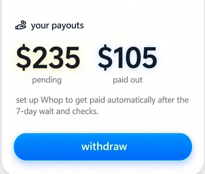 A payouts screen displays “$235 pending” and “$105 paid out,” alongside a blue “withdraw” button.