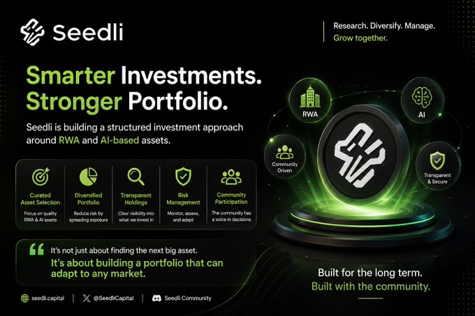 A promotional graphic for 'Seedi' advertises 'Smarter Investments. Stronger Portfolio.' with features including RWA, AI, Community Driven, and Transparent & Secure assets.