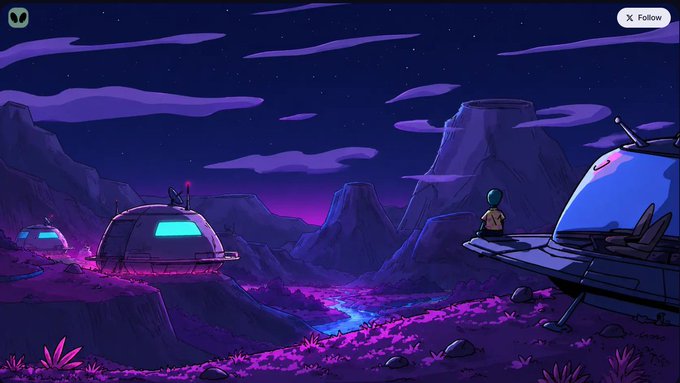 A digital illustration of a futuristic, neon-lit landscape at night with purple terrain, glowing blue dome structures, and a figure standing near a spacecraft, featuring an 'X Follow' button in the top right corner.