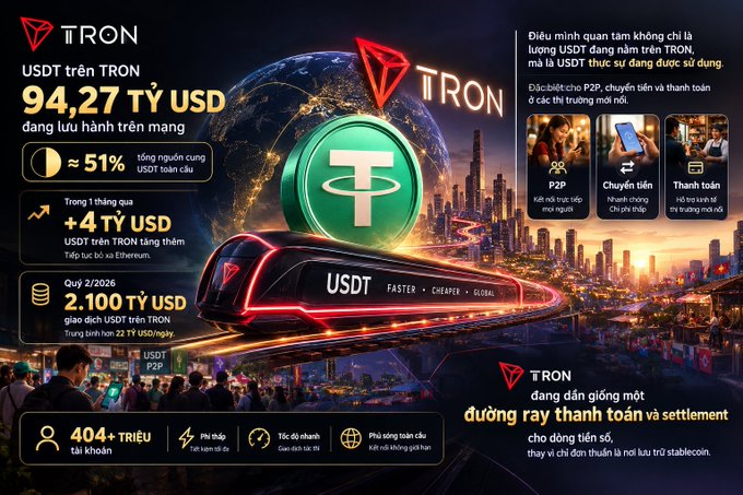 A promotional graphic for TRON (TRX) highlighting 94.27 billion USDT circulating on the network, plus 4 billion USDT added in Q2 2026, with sections for P2P, remittances, and payments.