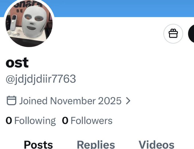 A Twitter/X profile screenshot for user 'ost' (@jdjdjdiir7763), joined November 2025, with zero following and zero followers, showing a white mask as the profile picture.