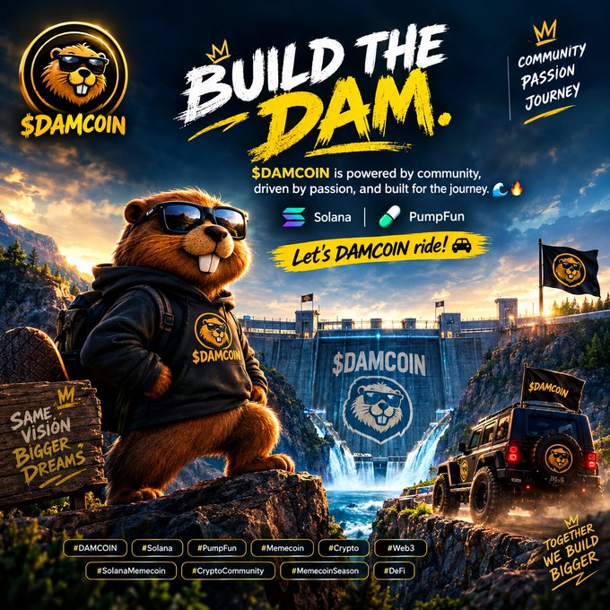 A promotional graphic for '$DAMCOIN', a memecoin on Solana and PumpFun, featuring a cartoon beaver wearing sunglasses, the slogan 'BUILD THE DAM.', and hashtags including #DAMCOIN, #Solana, #PumpFun, and #Memecoin.