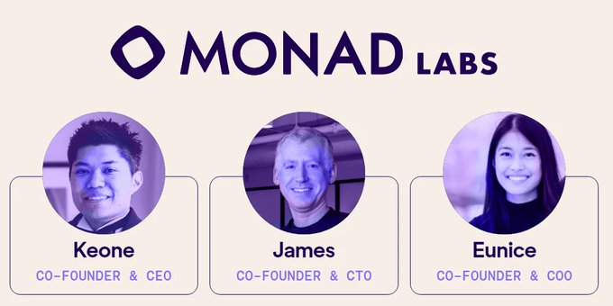 A promotional graphic for MONAD LABS introducing its three co-founders: Keone (CO-FOUNDER & CEO), James (CO-FOUNDER & CTO), and Eunice (CO-FOUNDER & COO).