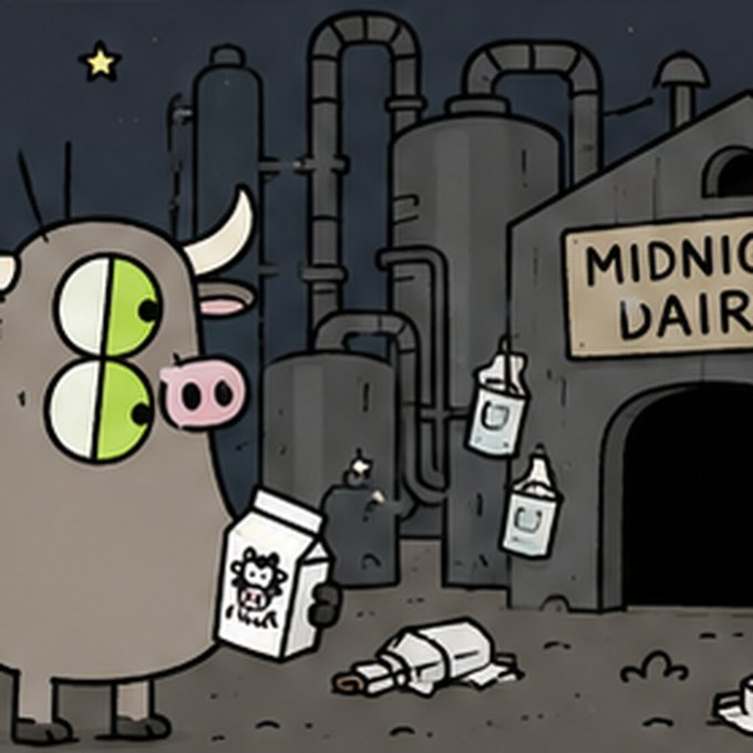 A cartoon illustration of a gray cow with large eyes holding a milk carton in front of a factory labeled 'MIDNIGHT DAIRY,' with additional milk cartons floating and spilled on the ground.