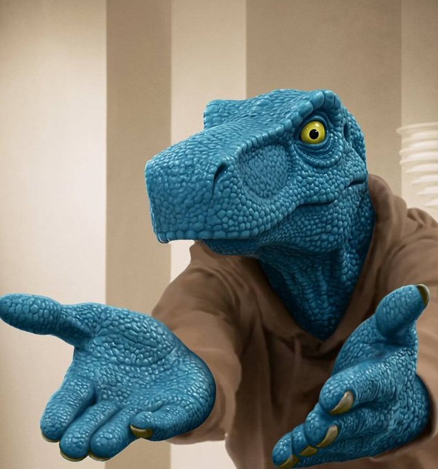 A blue reptilian creature in a brown robe gestures with outstretched clawed hands, appearing to assess or evaluate something before it. The image humorously illustrates the warning against impulsively switching between crypto tokens, suggesting the wise "lizard sage" is advising viewers to stop chasing hype and stick with trustworthy, well-distributed projects like $FEFER rather than being farmed by manipulative influencers.