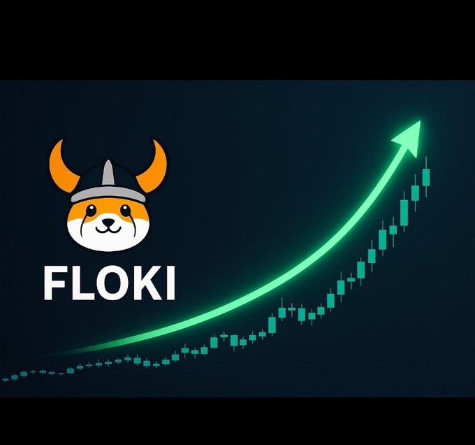 A graphic features the FLOKI cryptocurrency logo, depicting a Shiba Inu dog wearing a Viking helmet, next to a green candlestick chart with an upward-pointing arrow.