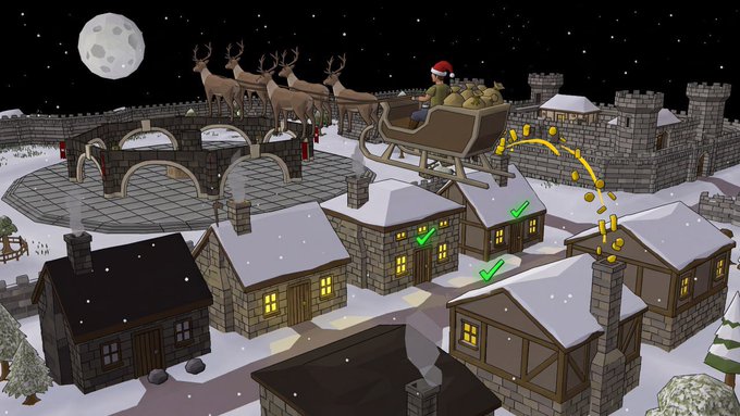 A 3D animated illustration depicts Santa Claus in his sleigh being pulled by reindeer over a snowy medieval village with stone houses, with gold coins trailing from the sleigh.