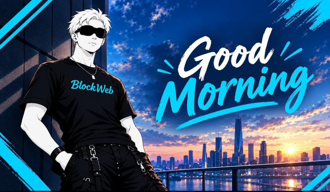 A "Good Morning" graphic featuring a white-haired anime-style character wearing sunglasses and a "BlockWeb" t-shirt against a city skyline at sunrise.