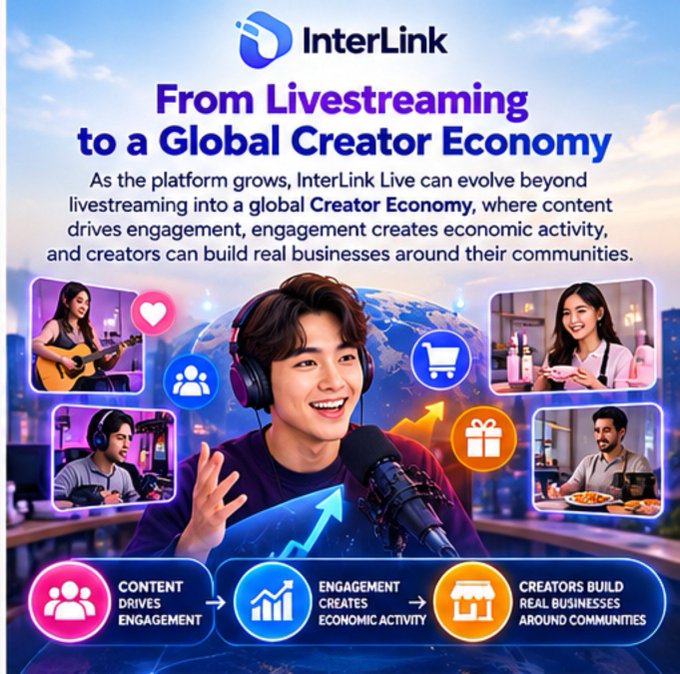 An InterLink promotional banner titled "From Livestreaming to a Global Creator Economy" showing a young streamer with headphones surrounded by smaller images of creators, with a flow chart reading "CONTENT DRIVES ENGAGEMENT → ENGAGEMENT CREATES ECONOMIC ACTIVITY → CREATORS BUILD REAL BUSINESSES AROUND COMMUNITIES."