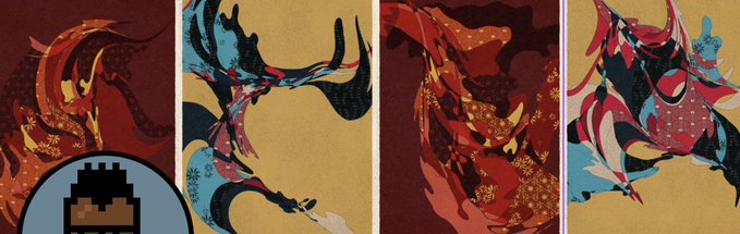 Four vertical panels featuring colorful abstract designs of creatures or flames in red, blue, and gold, with a pixel-art character avatar in the bottom left corner.