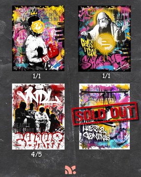 Four graffiti and street art-style posters displayed against a dark wall, with fractions like '1/1' and '4/5' below them, and one marked 'SOLD OUT' in red.