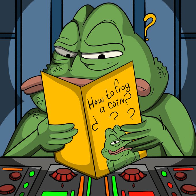 A green frog character sits behind a mixing board reading a yellow book titled "How to frog a coin?" with question marks floating around, symbolizing the community's experimental and creative approach to building around the $FROG meme coin.