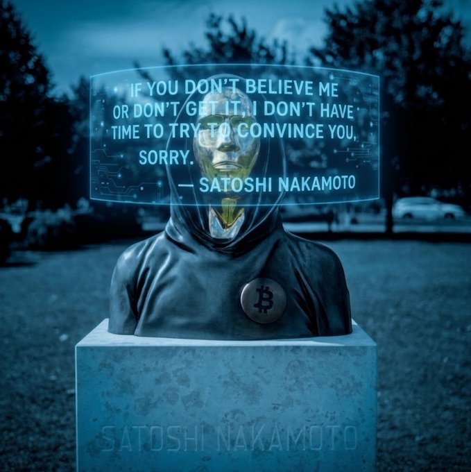 A statue of Satoshi Nakamoto with a golden face and Bitcoin logo, featuring a holographic quote: 'IF YOU DON'T BELIEVE ME OR DON'T GET IT, I DON'T HAVE TIME TO TRY TO CONVINCE YOU. SORRY.'