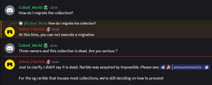 Discord chat screenshot showing an exchange between 'Cubed_World' and 'Admin | Rarible' discussing Rarible's acquisition by Impossible and the uncertainty around migrating collections.