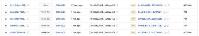The image shows a transaction history dashboard displaying multiple transfers of tokens (including "laptop token" and various addresses) with amounts ranging from 784 to 4,276.66, sent to the recipient address "0x3b633804...66ecc4e8" within the past minute, visually supporting the post's claim about the token's daily revenue.