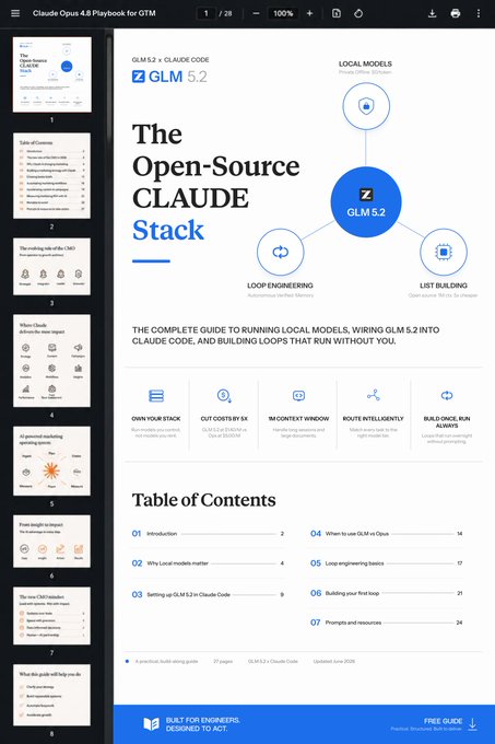 The image shows a presentation slide with a blue background featuring a diagram of an open-source Claude stack. The slide has a table of contents at the bottom that lists various topics related to the open-source Claude stack, such as loop engineering, local models, and clustering. The title "The Open-Source Claude Stack" is prominently displayed in white text above the diagram.