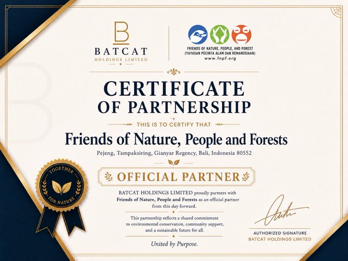 The image displays an official "Certificate of Partnership" from Batcat Holdings Limited, presented to "Friends of Nature, People and Forest" (Yayasan Pecinta Alam dan Kemanusian) located in Pejeng, Tampaksiring, Gianyar Regency, Bali, Indonesia 80552. The certificate features both organizations' logos at the top, a "Together for Nature" seal with a ribbon on the left, and notes the partnership reflects a shared commitment to environmental conservation, community support, and sustainability. The "$BatCat" reference likely alludes to BatCat Holdings Limited, suggesting bullish confidence in the company following this sustainability-focused partnership announcement.