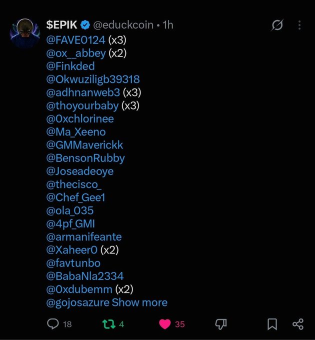 A screenshot of a Twitter post from $EPIK (@educkcoin) listing tagged usernames, with the caption celebrating being selected for the top 50 social campaign of the $EPIK memecoin and crediting the project team for recognition.