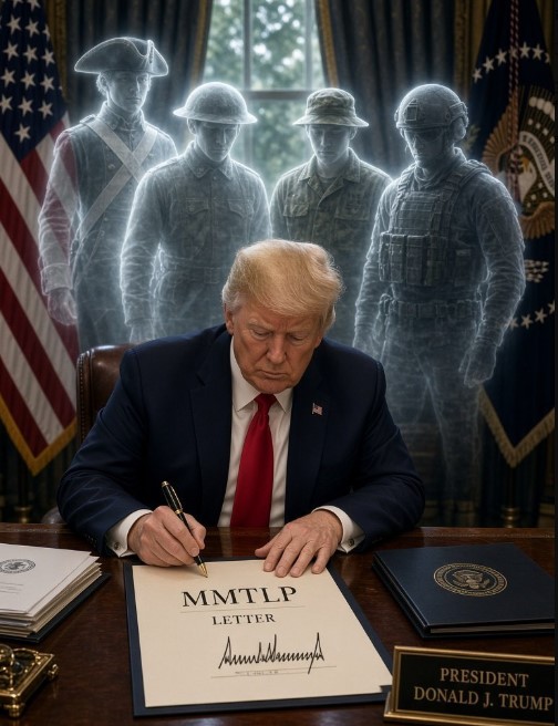 President Donald J. Trump signs a document labeled "MMTLP LETTER" at the Resolute Desk, with ghostlike silhouettes of soldiers from various American military eras standing behind him, flanked by the U.S. flag and presidential seal—visually tying the action to the post's appeal on behalf of U.S. Army veterans seeking justice.