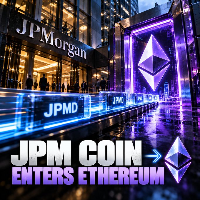 A promotional graphic shows the exterior of a JPMorgan building next to a glowing Ethereum logo display, with the bold text 'JPM COIN ENTERS ETHEREUM' at the bottom.