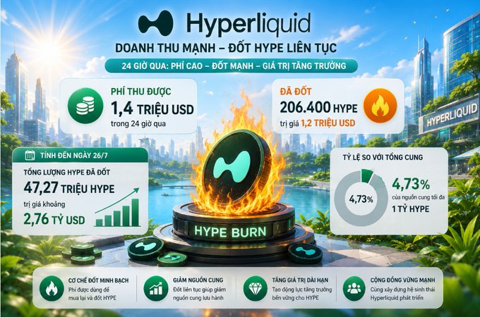 A Vietnamese-language promotional graphic for "Hyperliquid" (HYPE) showing token burn statistics including 1.4 million USD in fees, 206,400 HYPE burned (1.2 trillion USD), and 4.73% of total supply burned.