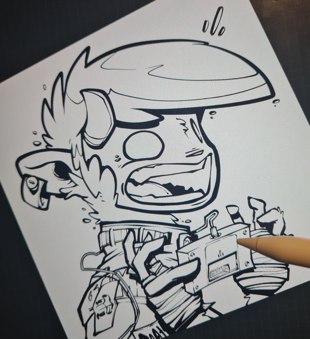 A black ink line drawing on paper of a cartoon character with a large mouth and wide eye wearing a helmet, with a stylus visible on the right side of the sketch.