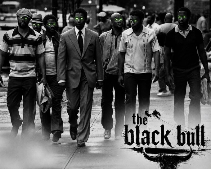 A stylized black-and-white photo of a group of men walking on a street with glowing green eyes, featuring the text "the black bull" in a grungy font at the bottom right, with one man in a central gray suit.