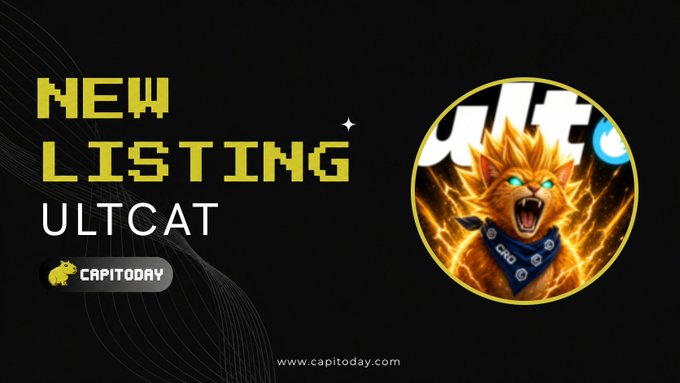 Promotional banner reading 'ULTCAT NEW LISTING' with 'CAPITODAY' branding, featuring an orange cat character with spiky hair and glowing eyes wearing a CBGD bandana.