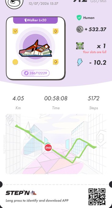 Step'N app screenshot showing a Walker Lv20 sneaker NFT with a 7.02 GST/Min earning rate, 4.05 km distance, 00:58:08 time, and 5172 steps recorded on 12/07/2026.