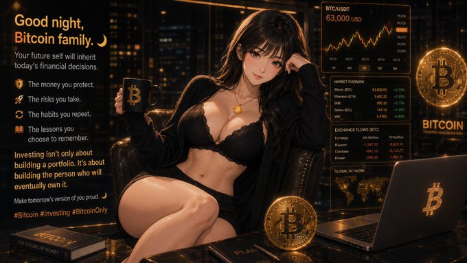 AI-generated illustration of a stylized woman in black lingerie holding a Bitcoin mug, with a 'Good night, Bitcoin family' message, trading screens showing BTC/USDT at 63,000 USD, and hashtags #Bitcoin #Investing #BitcoinOnly.